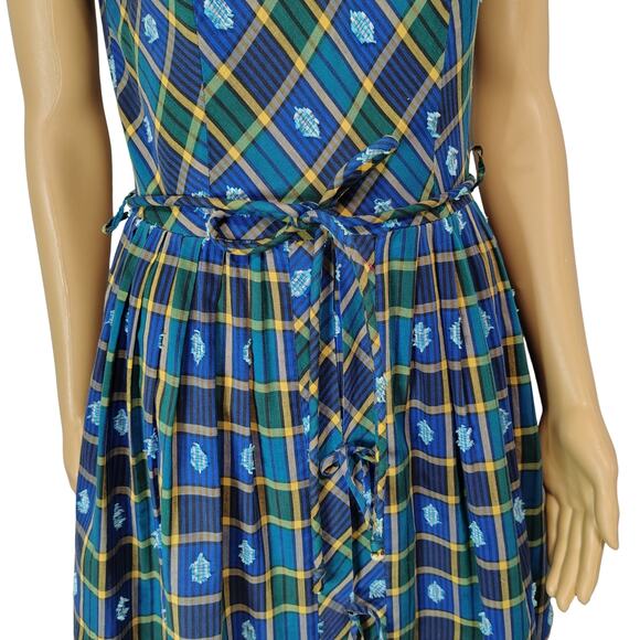 Belted Blue Green Plaid Vintage Hand Made Pleated Ribbon Tie Midi Dress Size S - Picture 5 of 8